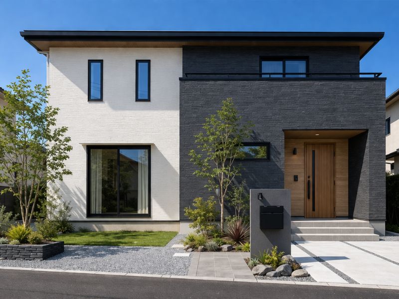白とチャコールグレーのモダンな邸宅