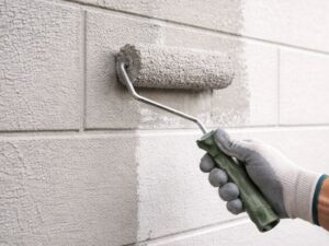 外壁にローラーで丁寧に塗料を乗せていく施工中の手元